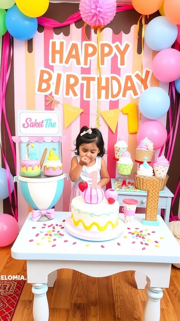 Ice cream-themed birthday party setup with colorful decorations and a sundae bar.